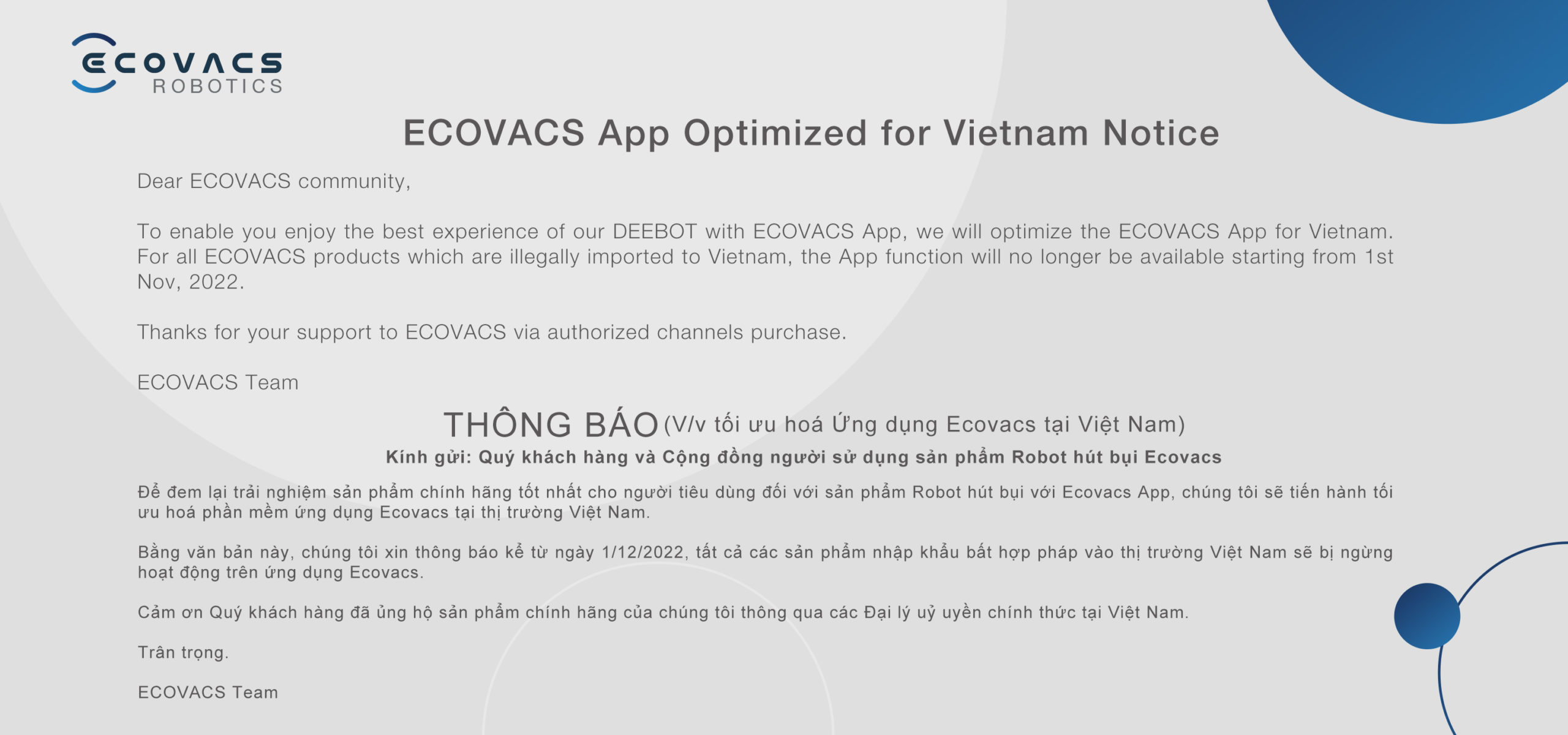 Thông Báo Khóa APP Nội Địa Cho Sản Phẩm Ecovacs Deebot - AKIA NHA TRANG